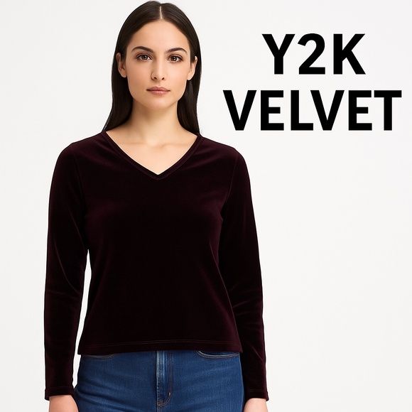 NAPA VALLEY Petites Burgundy Velvet Beaded V-Neck Top 90s Y2K Vintage PM - Picture 2 of 11